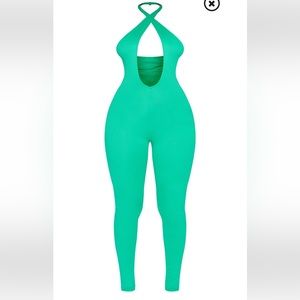 Green PLT Ribbed Cross Halterneck Jumpsuit